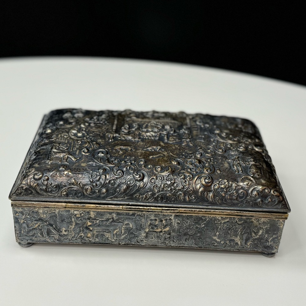 1950s Dutch Colonial Box Sculpted Relief Brass Nickel Plated Cedar Lining